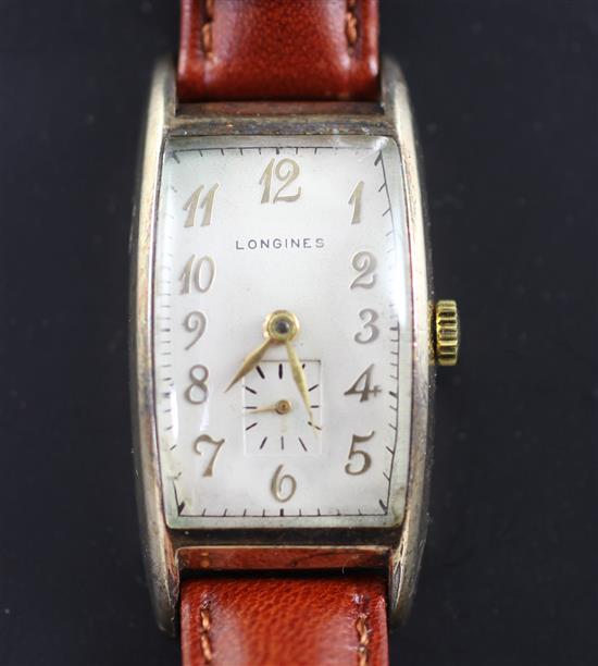 A gentlemans stylish 1930s gold plated Longines manual wind wrist watch,